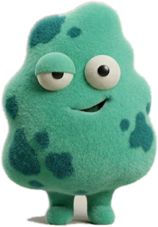 Schimmelbert, eine mintgrüne, flauschige Schimmelfigur mit schwerem Lid und schiefem Grinsen